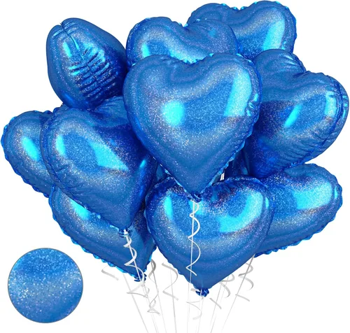 Vista 20 de Globos de corazón azul bebé, 10 piezas de globos en forma de corazón azul claro y blanco pastel, globos de papel de aluminio blanco arena crema