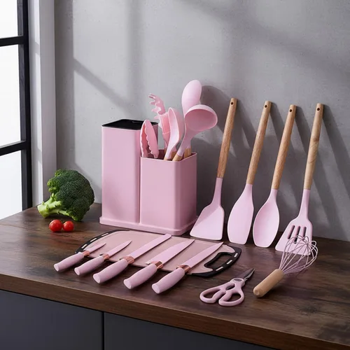 Vista 8 de 19 piezas de juego de utensilios de cocina de silicona rosa con mango de madera y juego de cuchillos, espátula antiadherente resistente al calor
