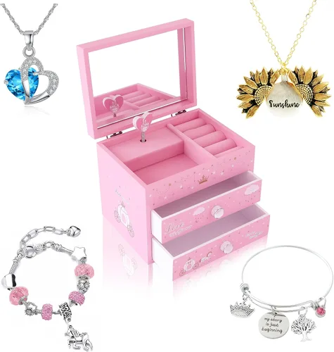 Vista 8 de Agitation Joyero Musical de Madera de Princesa Unicornio con Juego de Joyas a Juego, Regalos de Unicornio para Niñas, Grande, Madera, Plástico.