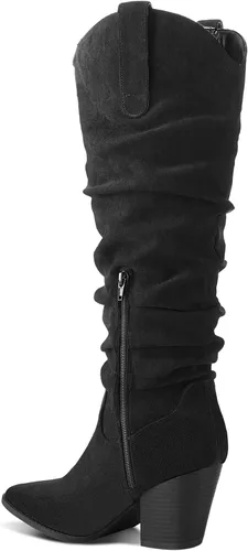 Vista 4 de mysoft Botas vaqueras hasta la rodilla para mujer, punta puntiaguda, tacón grueso medio, botas holgadas con cremalleras