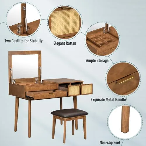 Vista 4 de Escritorio de tocador de 43.3 pulgadas con espejo abatible y taburete, moderno juego de mesa de maquillaje con 3 cajones, juego de tocador
