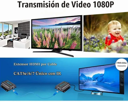 Vista 9 de MYPIN - Extensor HDMI 1080P sobre CAT6/7/8 hasta 190 pies (60m) a 1080p, soporta color profundo, 3D con control remoto IR (LKV372A)