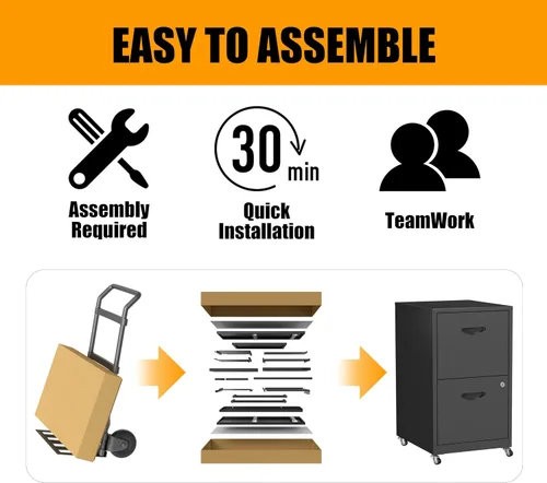 Vista 8 de Archivador móvil de 2 cajones con cerradura, archivadores de metal con ruedas, gabinete de almacenamiento enrollable negro, archivador vertical