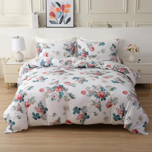 Vista 14 de ABREEZE Juego de funda de edredón tamaño individual con cierre de botón, 100% algodón egipcio, juego de ropa de cama floral de granja, color rosa, 3