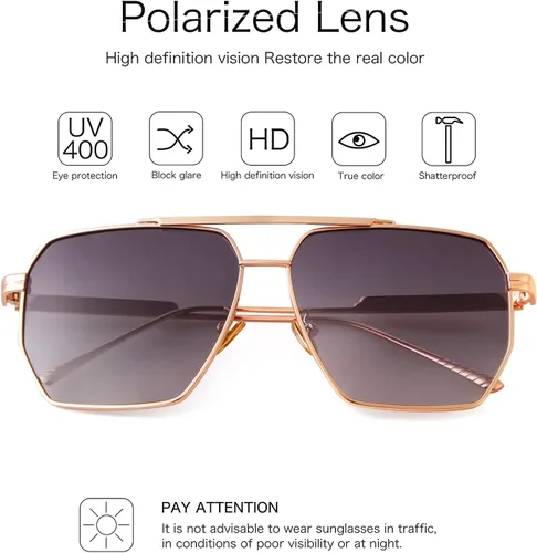 Vista 4 de ADE WU Lentes de sol polarizados cuadrados de gran tamaño retro para mujeres y hombres, lentes de sol clásicos vintage con marco de metal