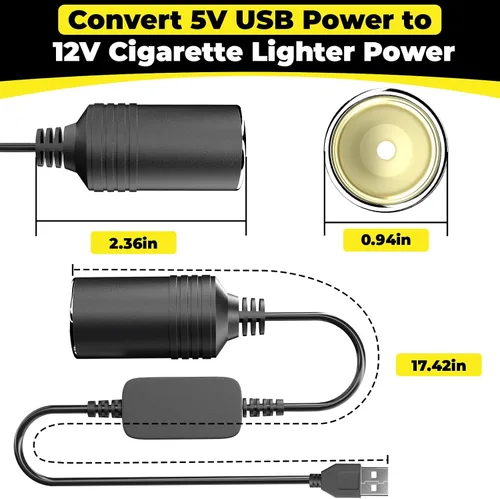 Vista 2 de Adaptador de USB a Encendedor de Cigarrillos, Cable de 10W USB Macho a 12V Encendedor de Cigarrillos de Toma, para Cámara de Salpicadero, Detector