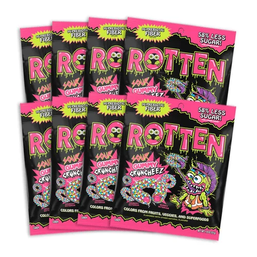 Vista 9 de Rotten Sour Gummy Cruncheez - Bajo en azúcar, bajas calorías, 5g de fibra prebiótica amigable para el intestino, caramelo sin gluten, sin colorantes