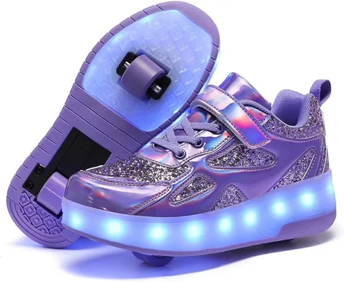 Vista 8 de Wooowyet - Tenis con ruedas y luces LED para niños y niñas, con ruedas, USB recargable, cierre de gancho y bucle