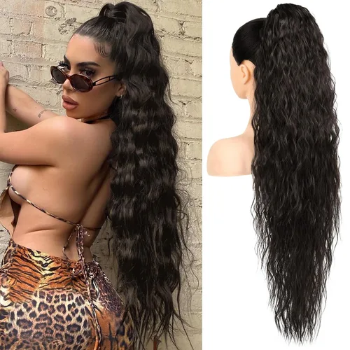 Vista 8 de HOOJIH Extensión de cola de caballo, extensiones de cabello con cordón para cola de caballo de 26 pulgadas de largo, pelo rizado y ondulado natural