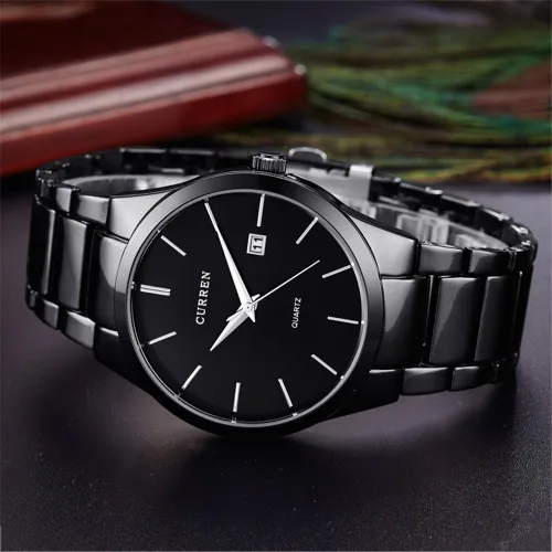 Vista 3 de Todos los relojes de acero negro para hombres clásico reloj de acero inoxidable casual negocios cuarzo analógico reloj de pulsera con calendario 8106