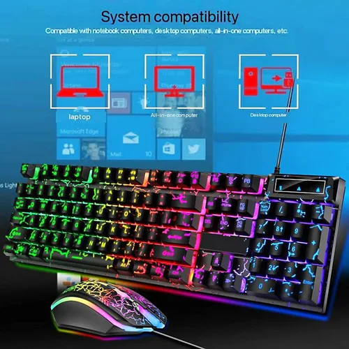Vista 3 de Guiheng Combo de teclado y mouse para juegos con diseño de arco iris con cable, 104 teclas que iluminan la sensación mecánica, teclado