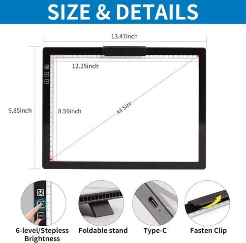 Vista 3 de Almohadilla de luz recargable A4 con soporte innovador y clip superior, Elice, caja de luz portátil inalámbrica para trazar, luz brillante