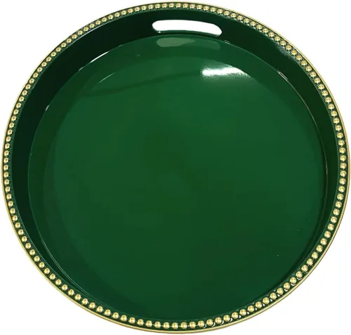 Vista 24 de Bandeja decorativa azul para mesa de café, bandeja de servir redonda de plástico con cuentas para encimera de cocina, otomana, sala de estar, (13")