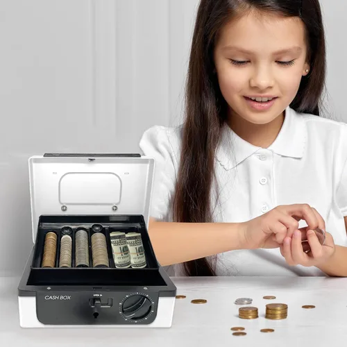 Vista 6 de Caja de efectivo con cerradura y bandeja, con sistema de seguimiento y doble bloqueo, caja de dinero para efectivo, cerradura segura con llave