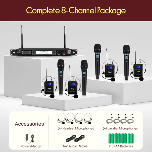 Vista 7 de Pyle Sistema de micrófono inalámbrico UHF de 8 canales con 4 micrófonos de mano, 4 Lavalier y 4 micrófonos de auriculares, rango de 300 pies