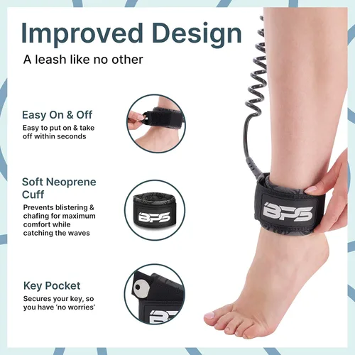 Vista 4 de BPS ‘Storm’ Premium 7.2mm Surfing Coiled Leash - Ankle Fit - Quick Release Tab - for Longboard Surfboard Stand-up Paddleboard