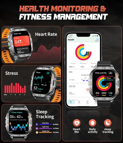 Vista 5 de Relojes inteligentes militares para hombres, linterna GPS/LED integrada/brújula/batería de 600 mAh, reloj inteligente AMOLED de 2.13 pulgadas