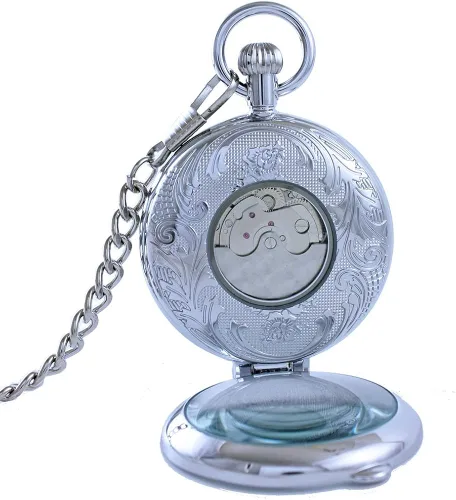 Vista 6 de OGLE Lupa plateada impermeable Tourbillon Phases Moon Chain Fob Auto Bobinado automático Skeleton Half Hunters Reloj de bolsillo mecánico