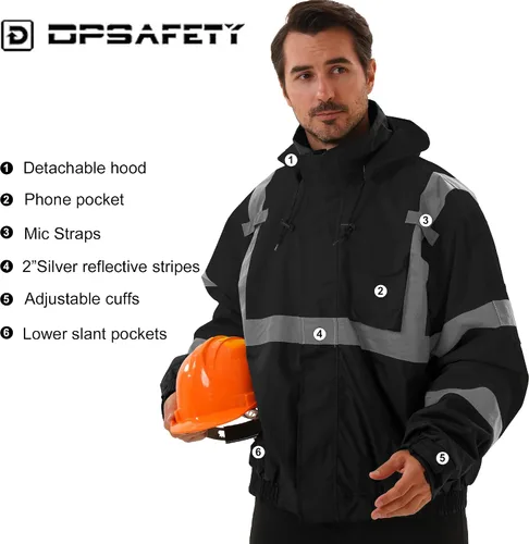 Vista 5 de Chaqueta de seguridad 3 en 1, chaqueta reflectante de alta visibilidad, chaqueta bomber Hi Vis, forro polar, impermeable, ANSI Clase 3, negro, S