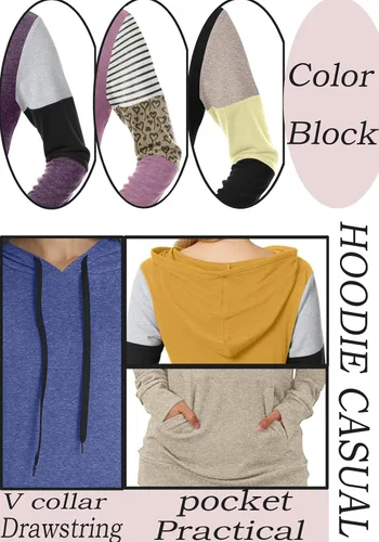 Vista 5 de CATHY Sudadera casual con cordón para mujer, manga larga, bloque de color, sudadera con capucha y bolsillo
