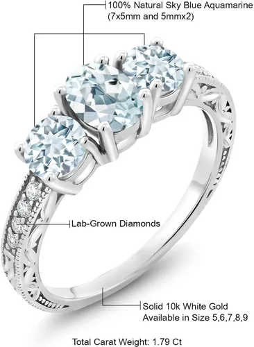 Vista 36 de Gem Stone King Anillo de compromiso de 3 piedras preciosas de oro blanco de 10 quilates con piedra natal y diamantes cultivados en laboratorio