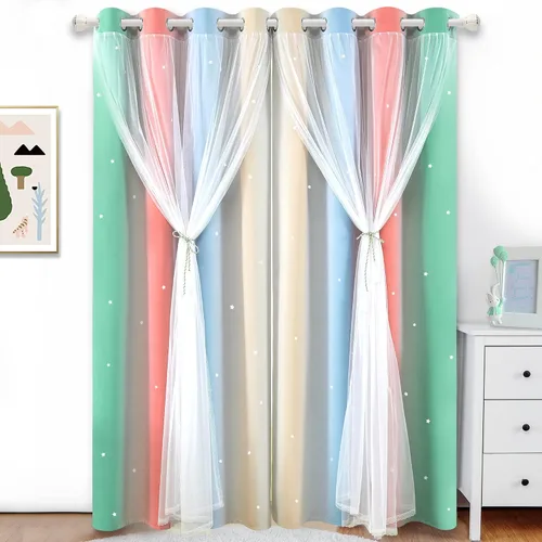 Vista 12 de Cortinas Opacas con Corte de Estrella Arcoíris para Dormitorio de Niñas - Doble Capa con Ojales Superiores para Sala de Estar, 2 Paneles