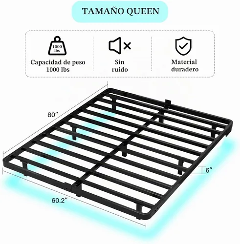 Vista 2 de Base de cama flotante con luces LED y estación de carga - Base de cama moderna de plataforma metálica con juntas de colchón - Libre de ruido,