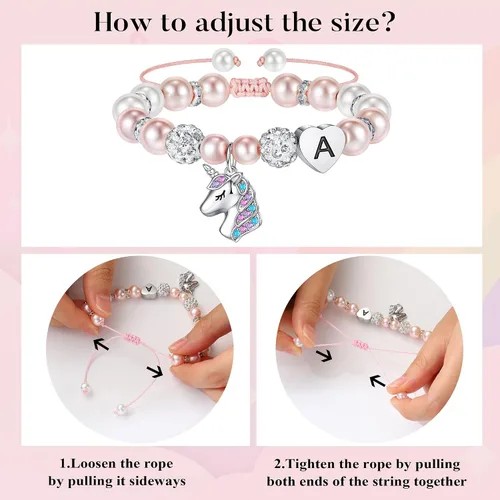 Vista 5 de Hidepoo Pulsera de unicornio - Pulsera de perlas rosas y bolas de diamantes de imitación con inicial de corazón, pulseras de unicornio, joyería