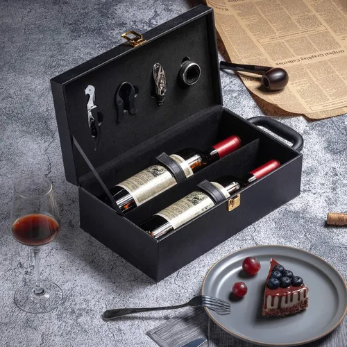Vista 5 de Caja de vino, 2 botellas de cuero sintético con asa superior para vino con 4 accesorios