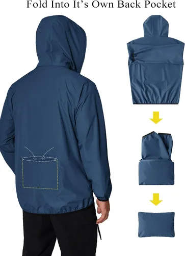 Vista 3 de COOFANDY Chaqueta impermeable unisex plegable, ligera, impermeable, con capucha, para correr, senderismo, ciclismo