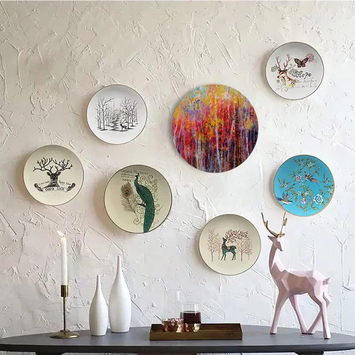 Vista 5 de Platos de cerámica, platos de cerámica decorativos de la naturaleza, pintura vibrante de la naturaleza con árboles en el bosque de otoño, platos