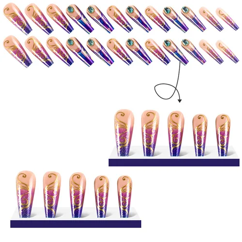 Vista 2 de Uñas postizas largas cuadradas de acrílico artificiales con punta francesa, diseño de mariposa dorada, diseño de mariposa dorada, uñas postizas