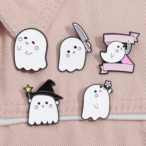 Vista 5 de Juego de broches esmaltados con diseño de fantasma, insignias góticas, pasadores de Halloween para mujereshombres, dibujos animados, calabaza