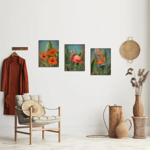 Vista 5 de SkenoArt 3 piezas de lienzo tropical flamenco arte de pared verde planta tropical naranja pintura floral impresiones decoración de pared enmarcado
