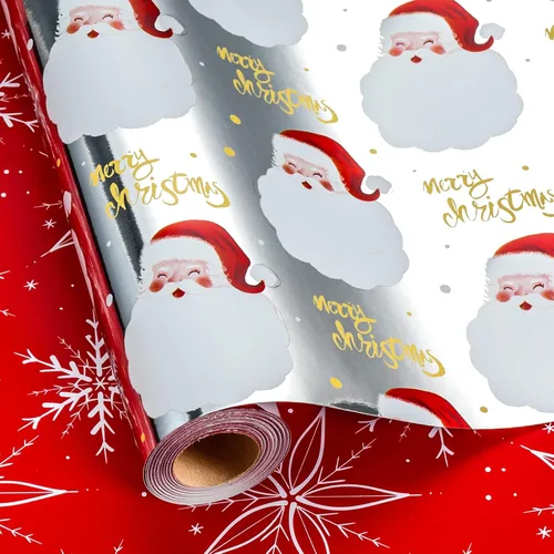 Vista 14 de Homeral Rollo de papel de regalo de Navidad, Papá Noel, muñeco de nieve y lazo y bastones de caramelo rosados, envoltura de regalo reversible