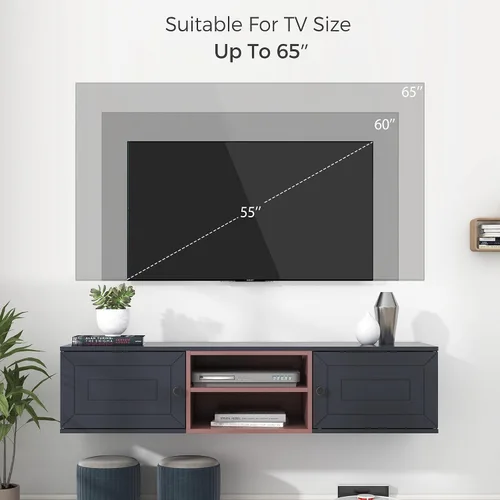 Vista 2 de YardGo Soporte flotante de TV para televisores de hasta 65 pulgadas, armario de TV montado en la pared con 2 puertas magnéticas y 2 estantes