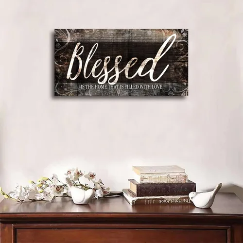 Vista 6 de MESESE Arte de pared en lienzo con cita para el hogar bendecido Decoración de pared marrón para sala de estar Blessed is the home Christian Wall