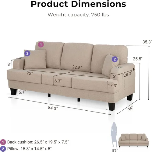 Vista 2 de HOMES: Inside + Out Reese - Moderno juego de sofá de 2 piezas con bolsillos laterales, portavasos y puertos USB, sofá suave de madera y cómodo sofá