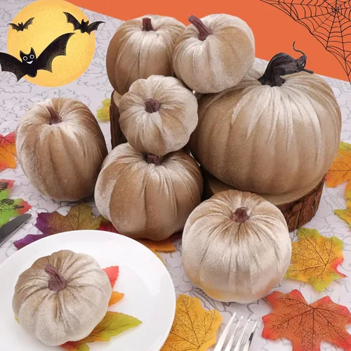 Vista 7 de Gresorth 8 calabazas artificiales de terciopelo champán hechas a mano de varios tamaños, decoración de Halloween para el hogar, cocina, granja