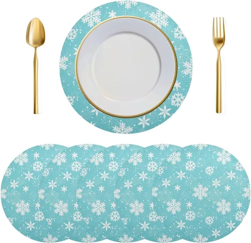 Vista 7 de Juego de 6 manteles individuales redondos, copos de nieve sobre rojo oscuro, resistentes al calor, para mesa de comedor, decoración de Navidad