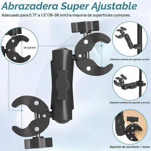 Vista 5 de Soporte de abrazadera súper doble para paraguas, soporte de abrazadera para cámara, brazo mágico de 360° para clip de silla de paraguas, silla