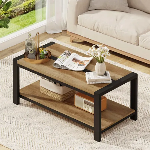 Vista 10 de BON AUGURE Mesa auxiliar para sala de estar, mesas industriales de madera y metal, mesa central rectangular de granja (roble rústico, 43 pulgadas)