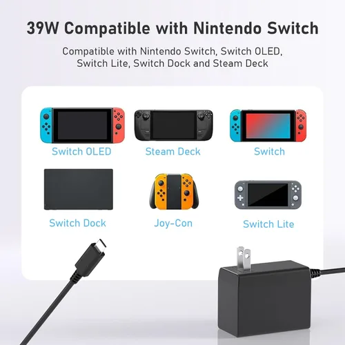 Vista 7 de 39W Charger for Nintendo Switch AC Adapter Switch Supply Power,15V 2.6A Fast Charging with 6.6FT USB C Cord Compatible with Nintendo Switch