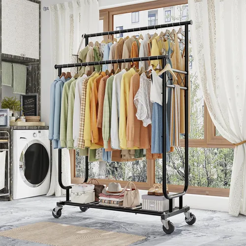 Vista 2 de Estante para ropa Ekisemio con capacidad de carga de 450LBS, estante resistente para ropa con ruedas, estantes enrollables para colgar ropa