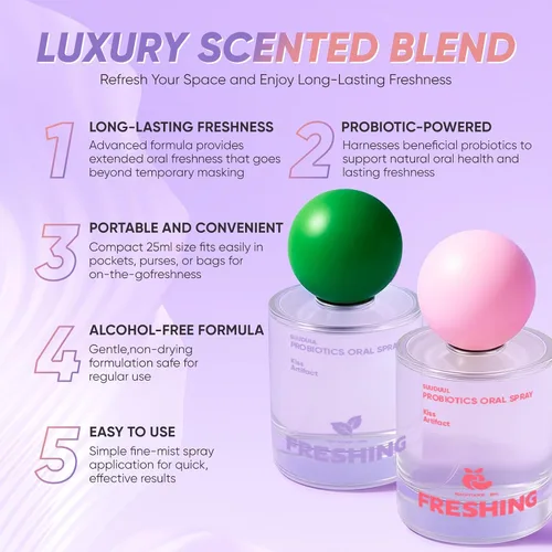 Vista 3 de Spray oral probiótico, combo de sabor a menta y melocotón, espray de aliento con prebióticos y probióticos, frescura duradera, sin alcohol, cómodo