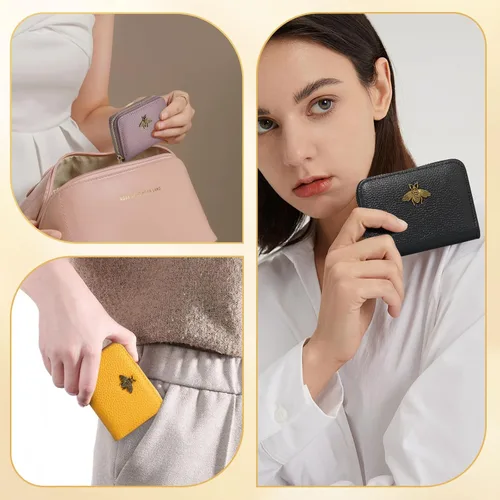 Vista 5 de WOZEAH Billetera pequeña para mujeres con bloqueo RFID, cartera para tarjetas de crédito, cartera de acordeón de cuero con cremallera, Negro