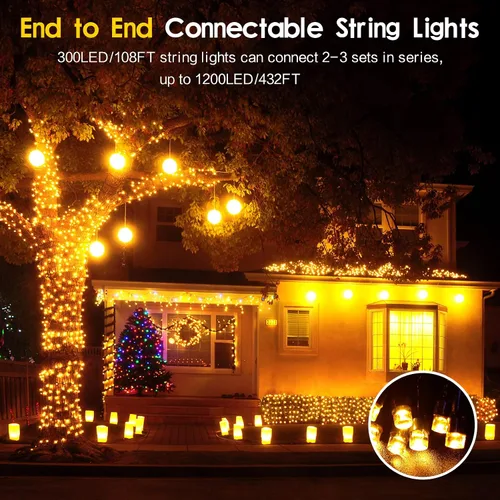 Vista 2 de Techip 300 luces LED para árbol de Navidad al aire libre, luces de Navidad blancas cálidas para exteriores impermeables centelleantes, alambre