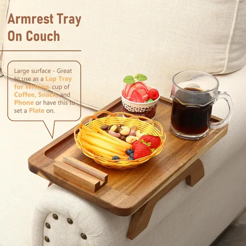 Vista 2 de SINWANT Mesa de Brazo para Sofá, Mesas de Reposabrazos de Sofá de Madera de Acacia, Mesa de Reposabrazos de Sofá con Soporte para Teléfono de 360°