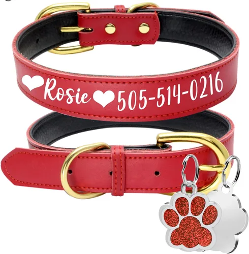 Vista 14 de LINMAGCO Collar reflectante personalizado para perro con campanas, estilo de cuero suave, resistente y ajustable, con placa de identificación Azul