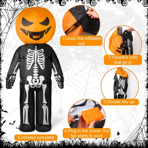 Vista 4 de Hercicy Disfraz inflable de Halloween de 7 pies, disfraz de esqueleto de calabaza, disfraz de Halloween, esqueleto de cuerpo completo para adultos